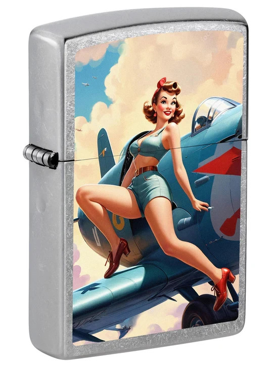 Zippo 3058, WWII Nose Art Pinup Girl, Street Chrome Finish Lighter