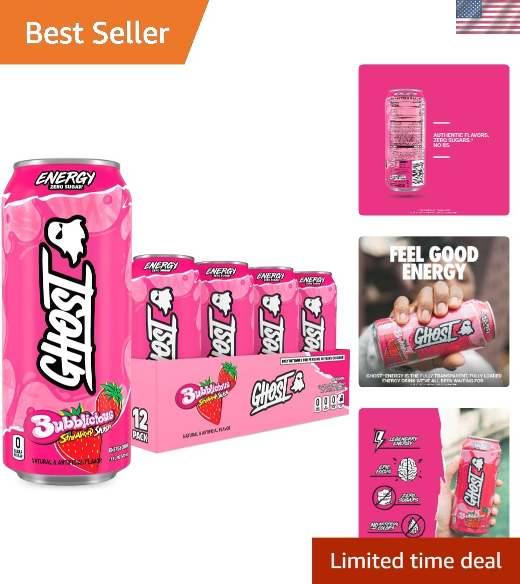 Energy Drink, Zero Sugars, 12-Pack - Bubblicious Strawberry Splash