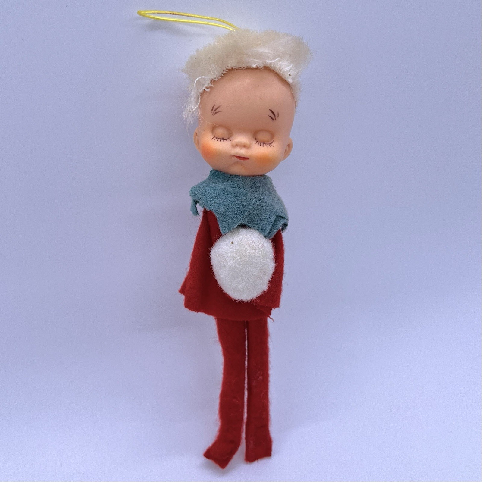 Vintage Pixie Elf Closed Eyes Ornament Felt Red Christmas Kitsch Japan 50s 60s