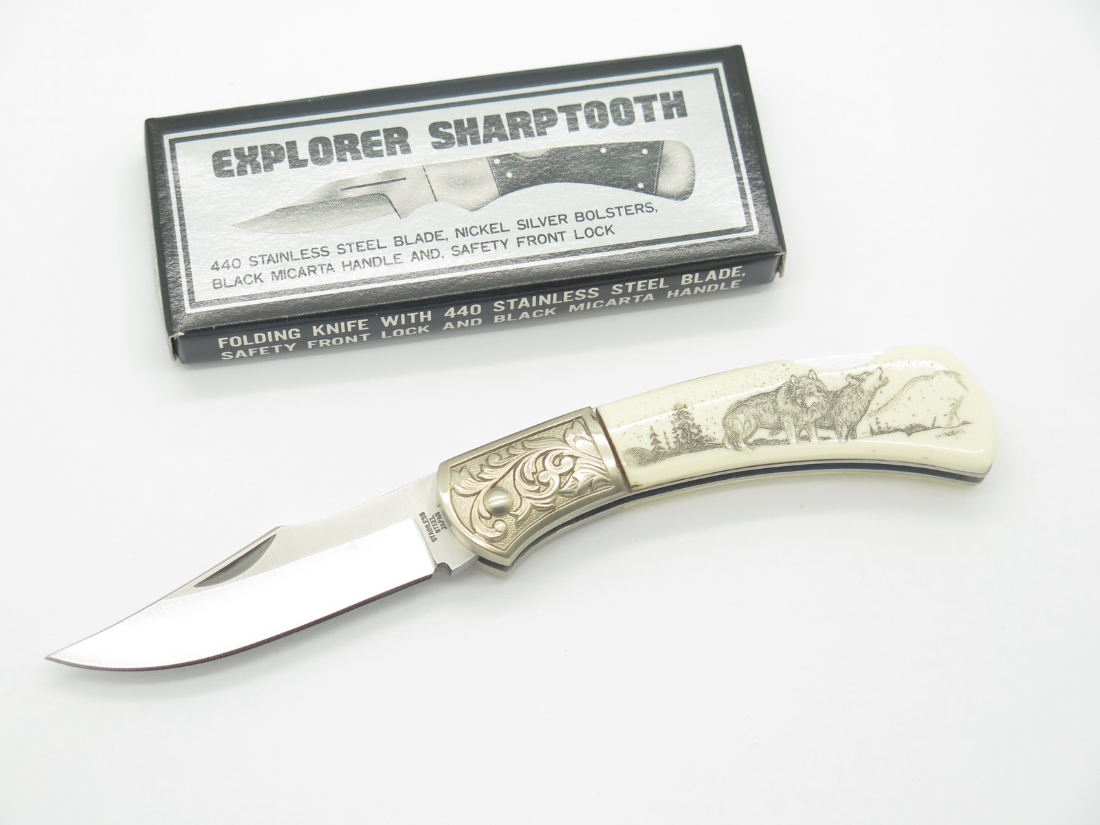 Vtg Explorer G Sakai Seki Japan Wolf Scrimshaw 3.1 Folding Lockback Pocket Knife