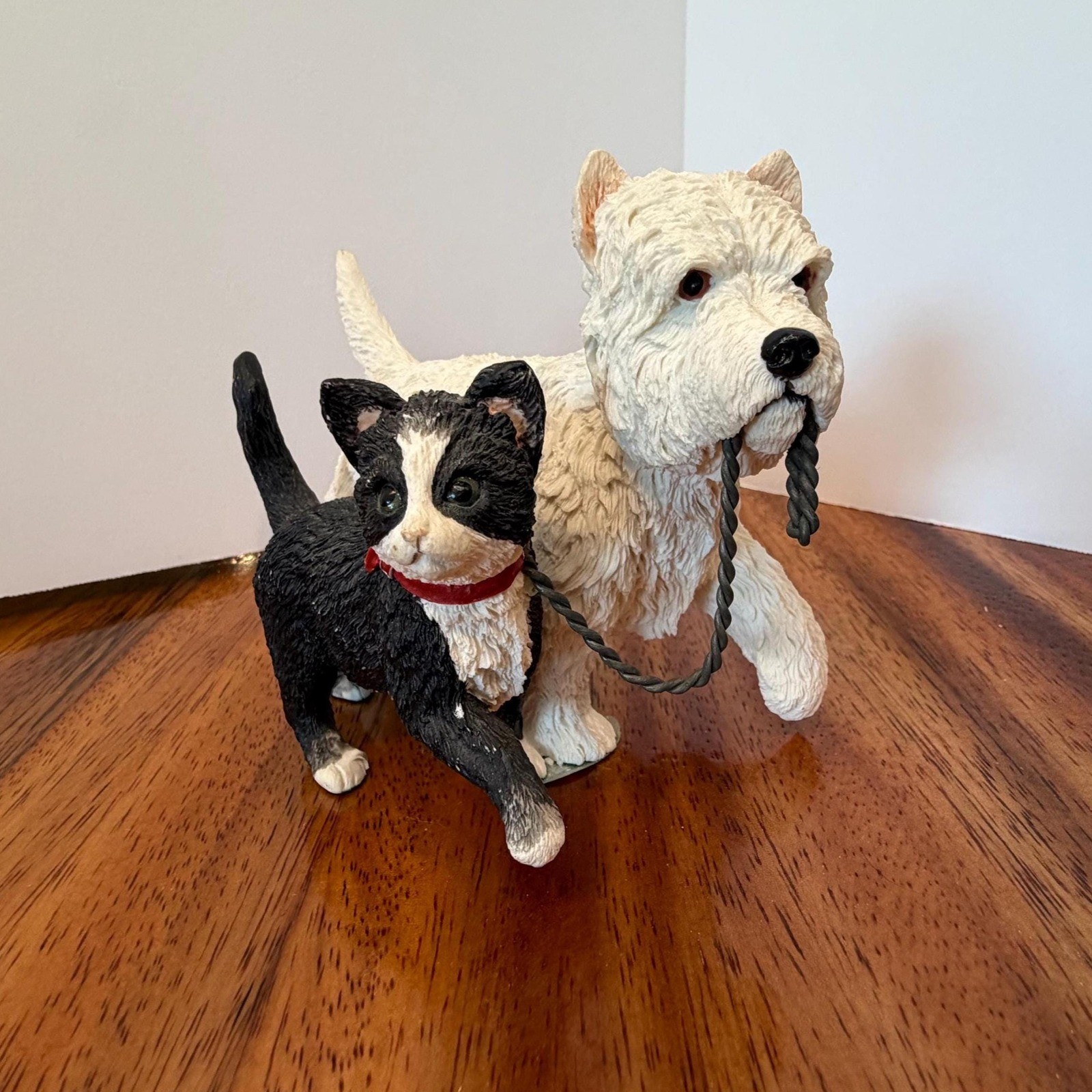 Paw Prints Vtg White Westie Dog & Black walking a White Tuxedo Cat Figurine