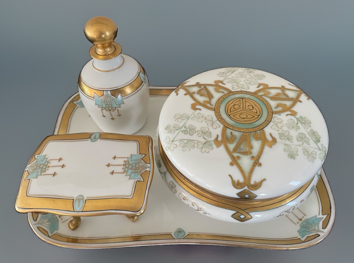 Vintage 4 Pcs Pickard China Vanity /Dresser Set Hand Painted Gold Trim EUC