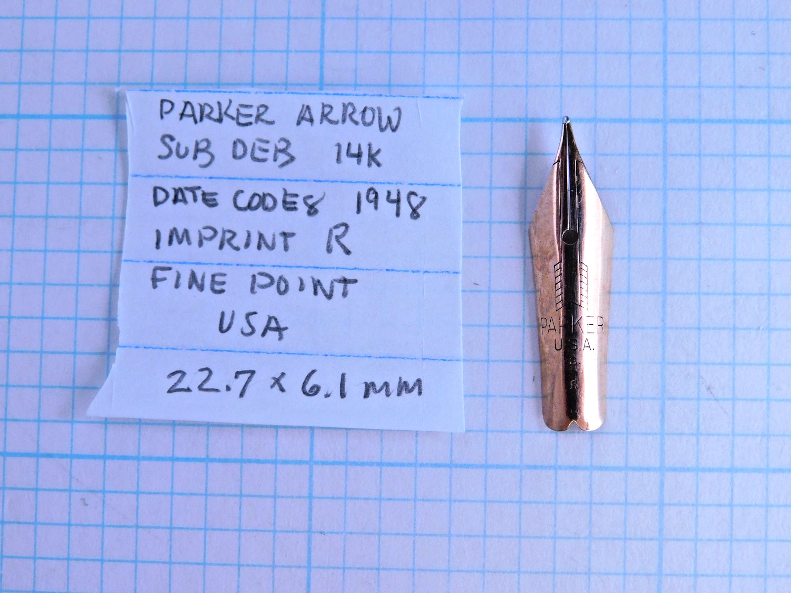 Nib Replcmnt: PARKER SUB DEBUTANT Arrow, 1948, Fine Point, 22.7 x 6.1mm, 14k NOS