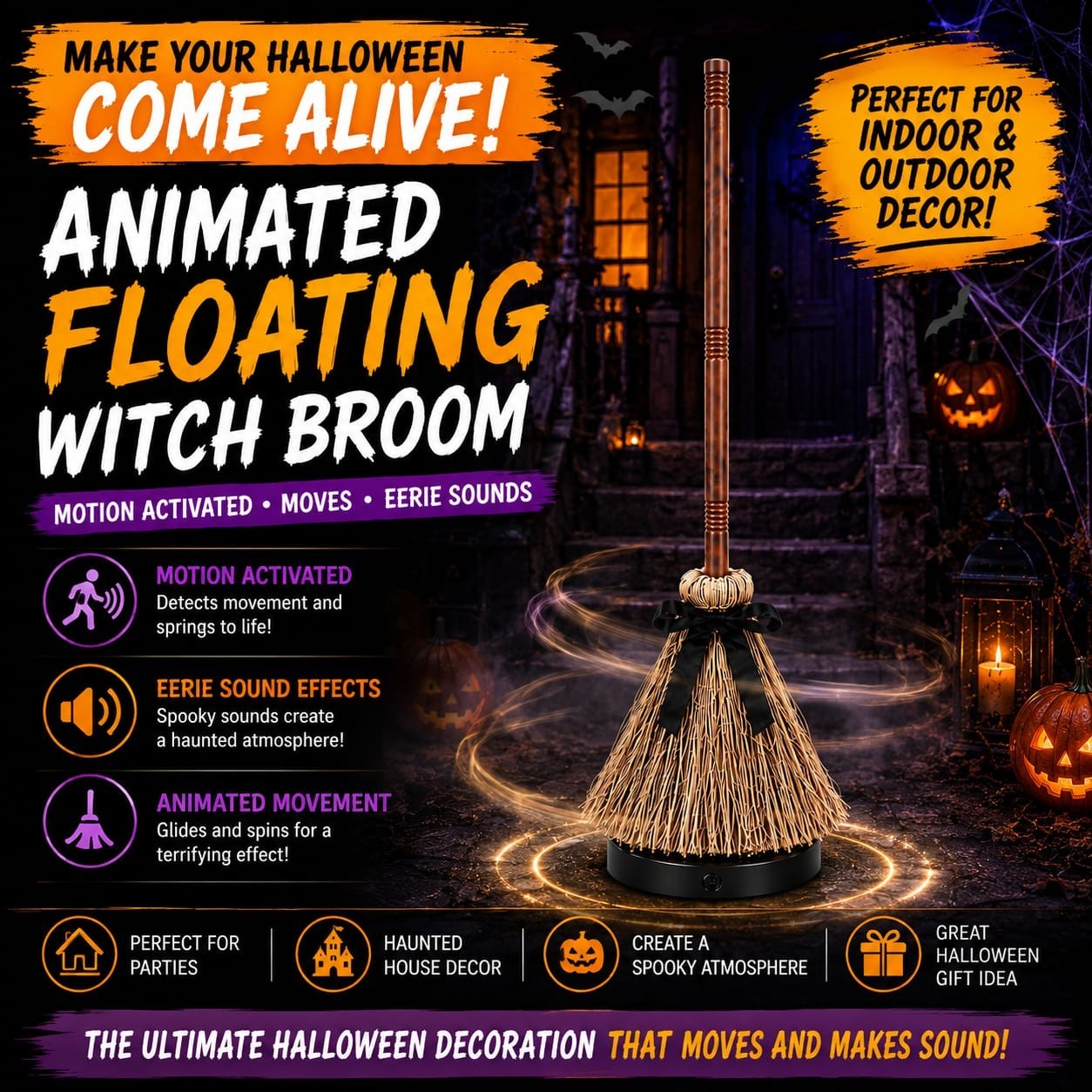 Animated Floating Witch Broom Halloween Dancing Moving Broom Light Up Sound