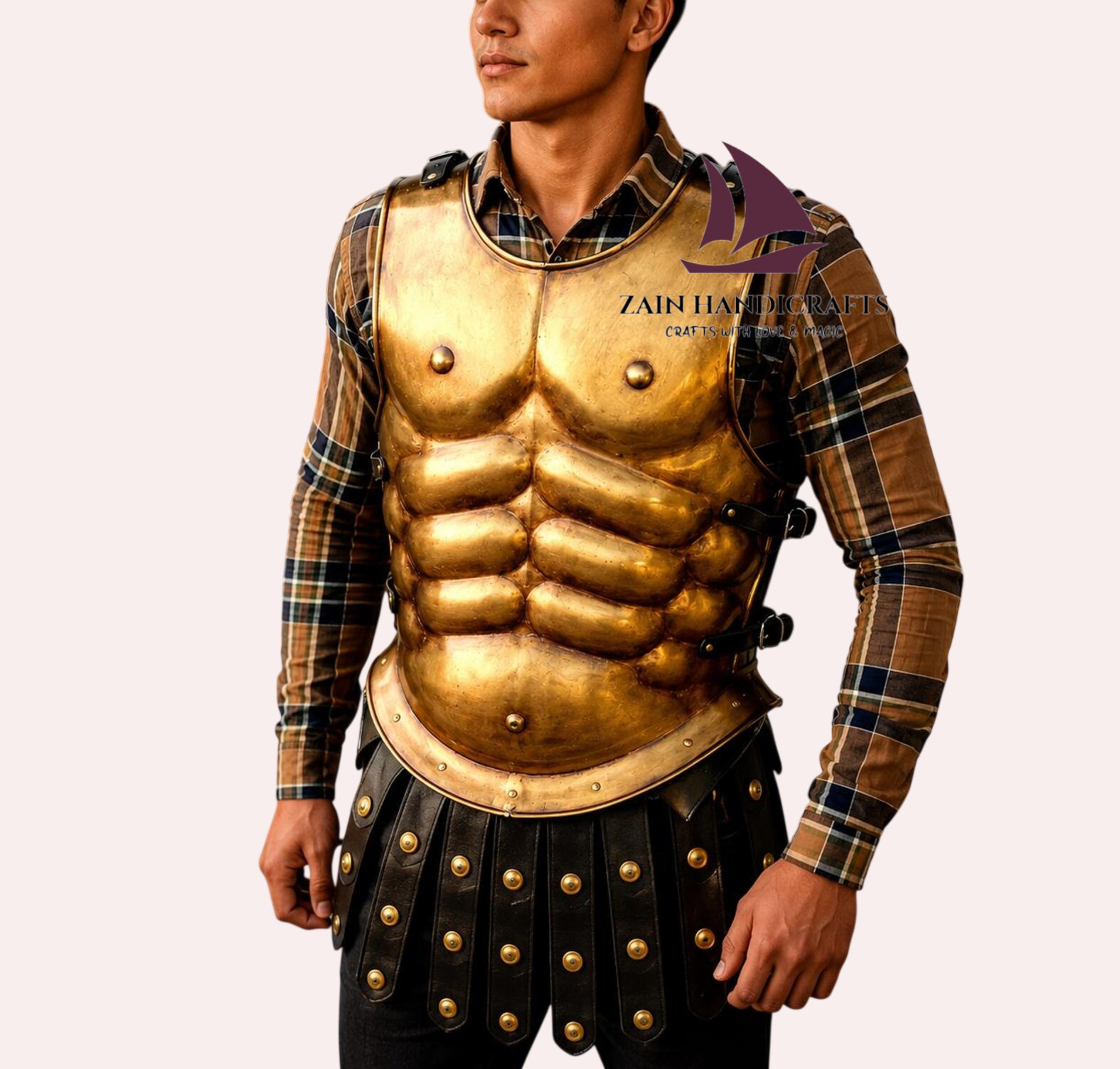 ZAIN ROMAN Antique Finish Spartan Armor: Medieval Steel Mussels Jacket