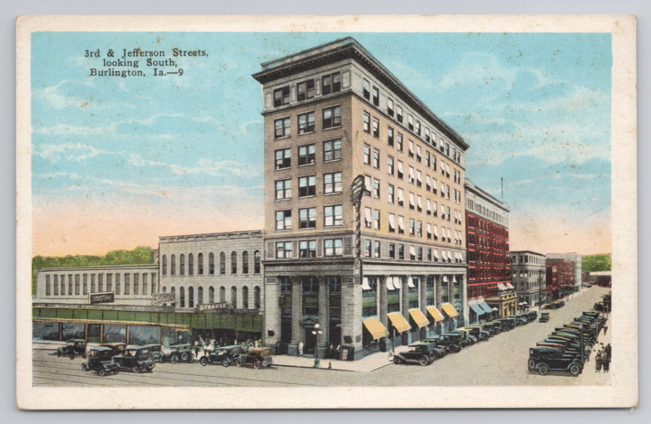 Vintage Burlington Iowa 3rd & Jefferson Streets City View Postcard