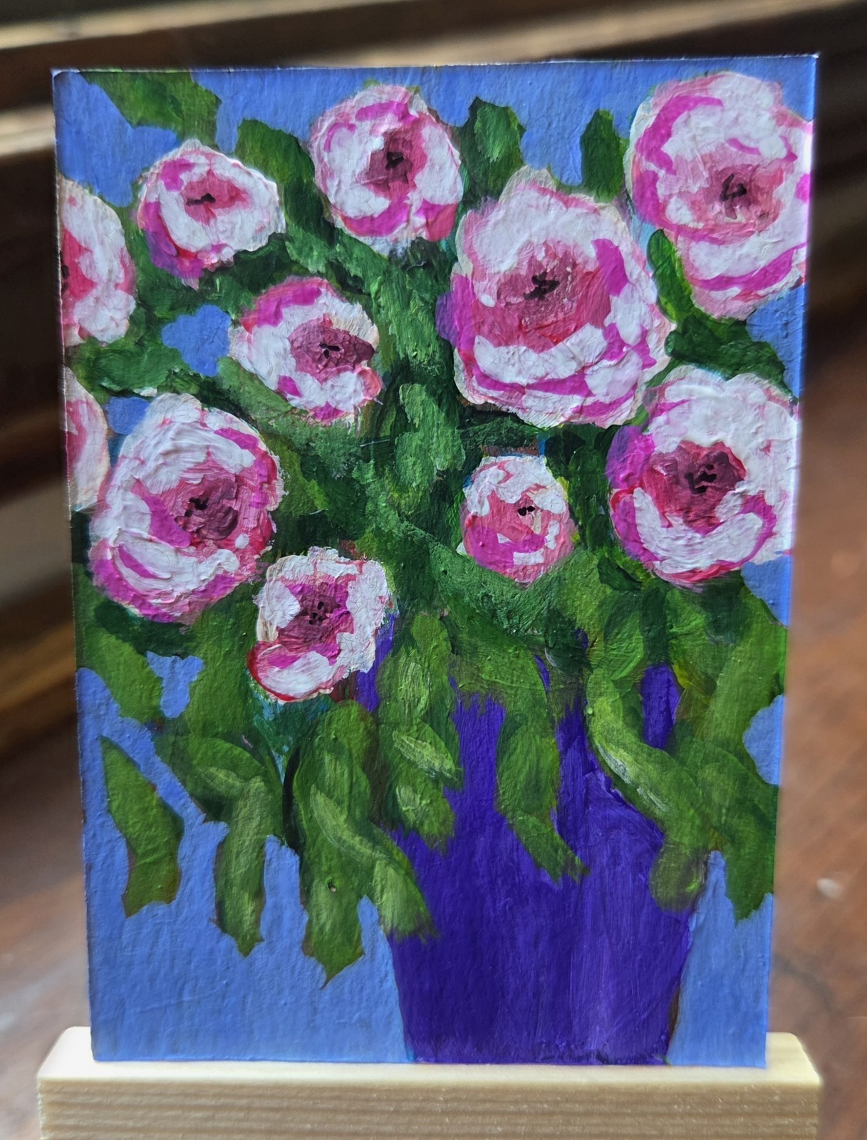 ACEO Original Acrylic Painting Pink Roses Purple Vase Floral Art OOAK