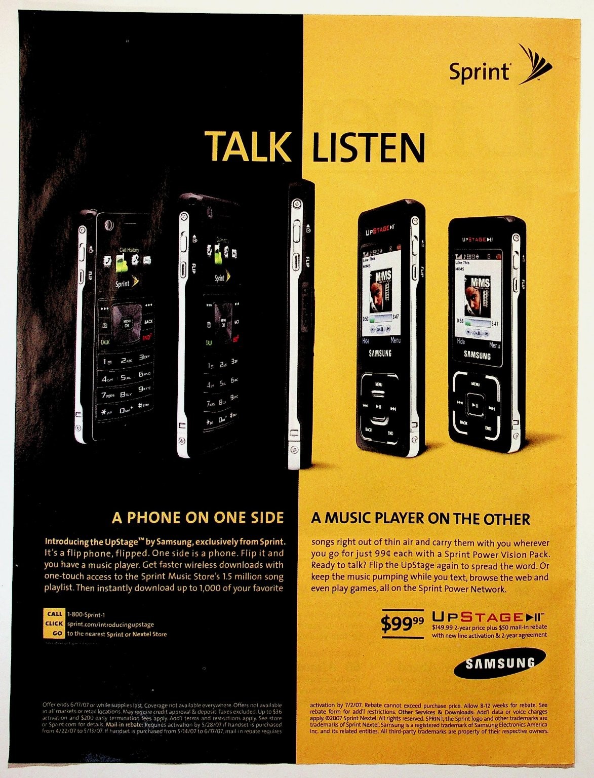 2007 Samsung UpStage Sprint Magazine Print Ad Dual-Sided Music Phone Vintage