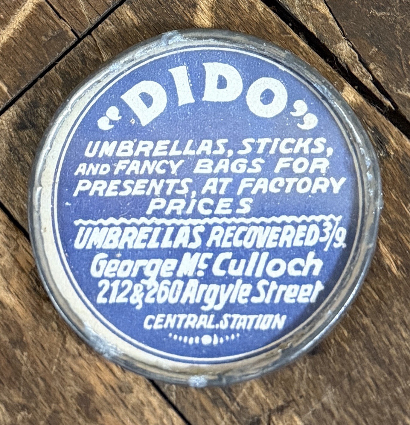 ANTIQUE C. 1890 DIDO UMBRELLAS FANCY BAGS POCKET MIRROR SIGN CENTRAL STATION HTF
