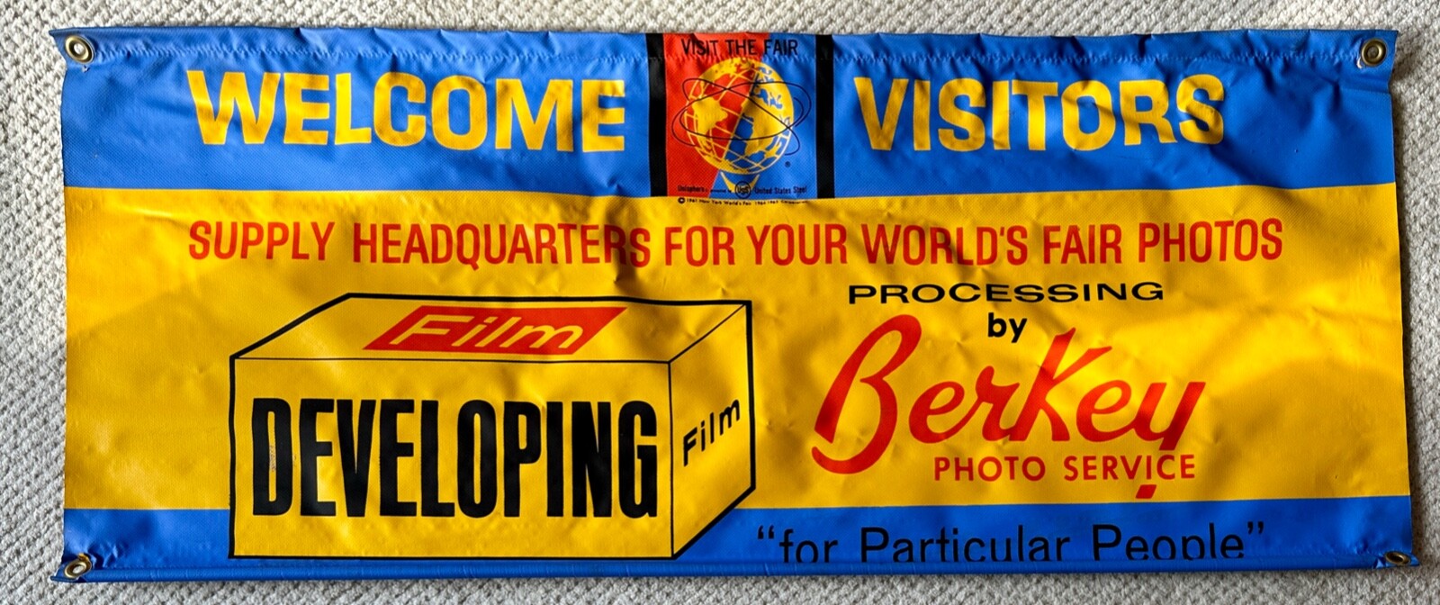 1964–1965 New York World's Fair Welcome Visitors Banner/Poster Unisphere NEW VTG