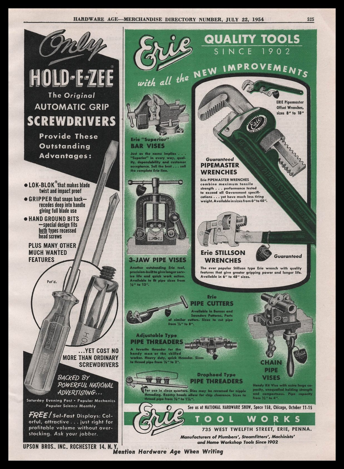1954 Upson Brothers Rochester New York Hold-E-Zee Lok-Block Screwdriver Print Ad