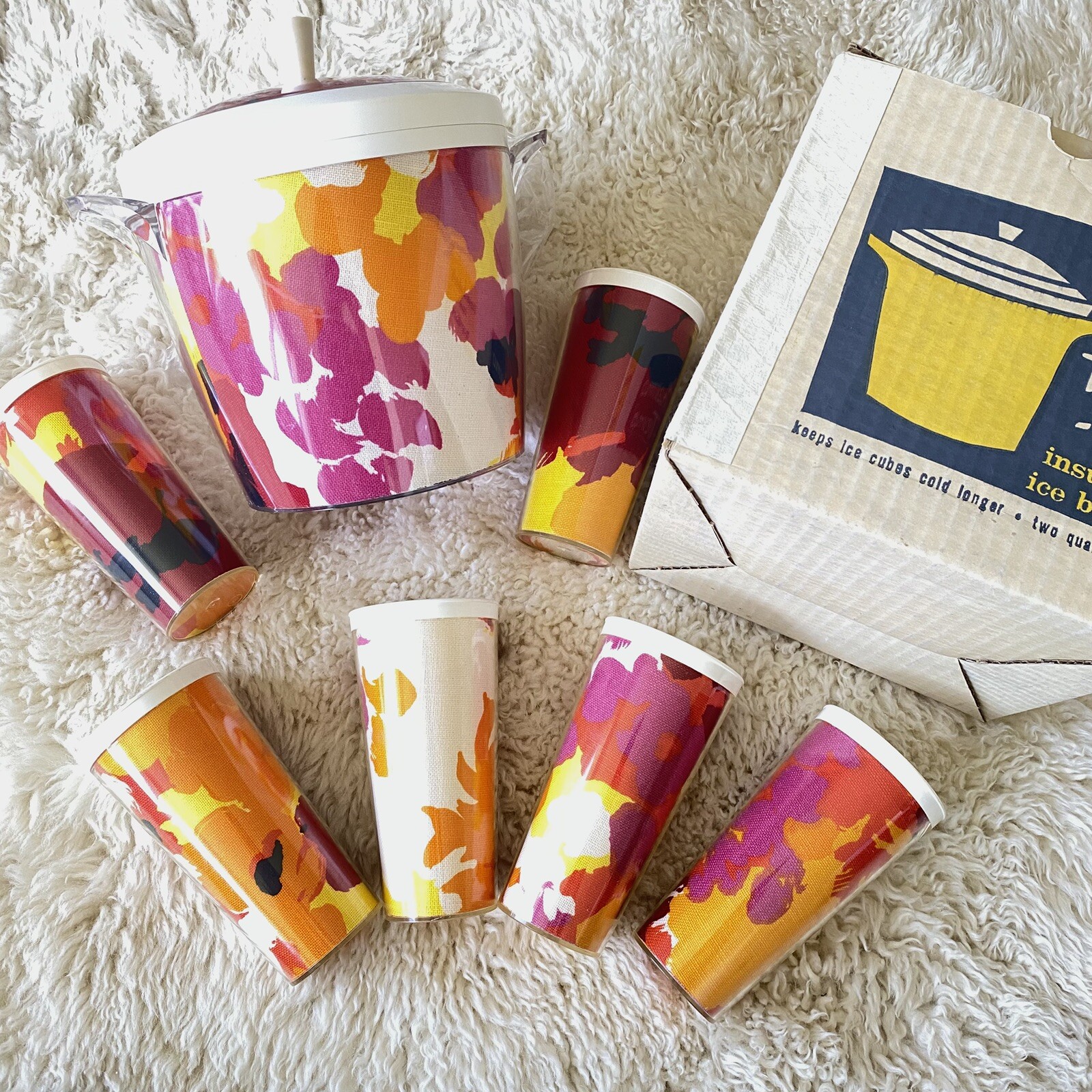 Vtg 60s 70s Thermo-Temp Colorful Ice Bucket Flowers 6 Tumblers Boho Insulated