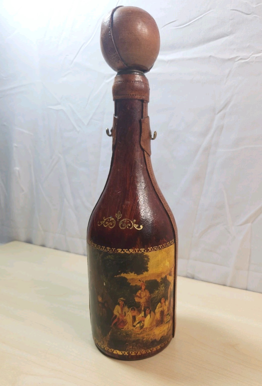 Vintage Italian Wine Decanter Hand Tooled Leather Wrap Bottle American Indians 