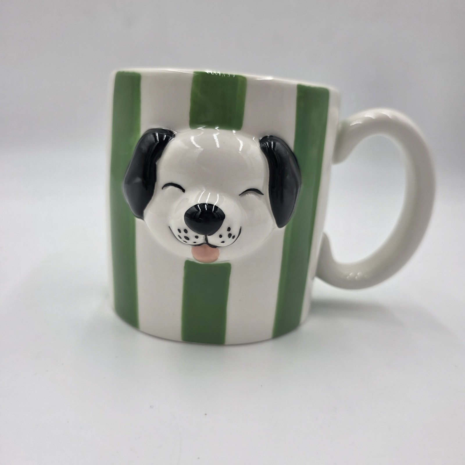 Cute Dog Mug 20oz Green Stripe 3D Pet Face Hand Painted Ceramic NEW World Market