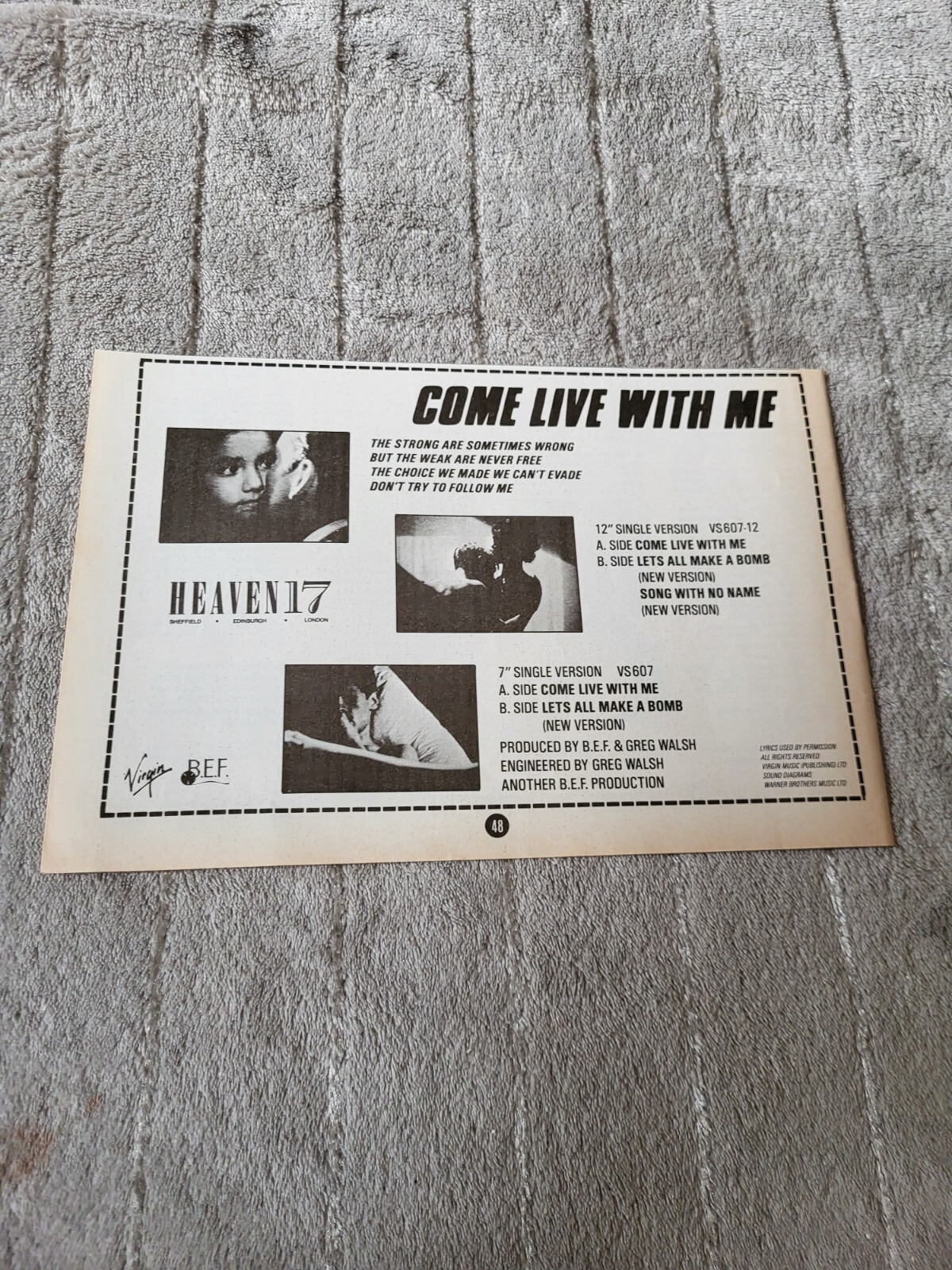 TPGM23 ADVERT 5X8 HEAVEN 17 : 'COME LIVE WITH ME'