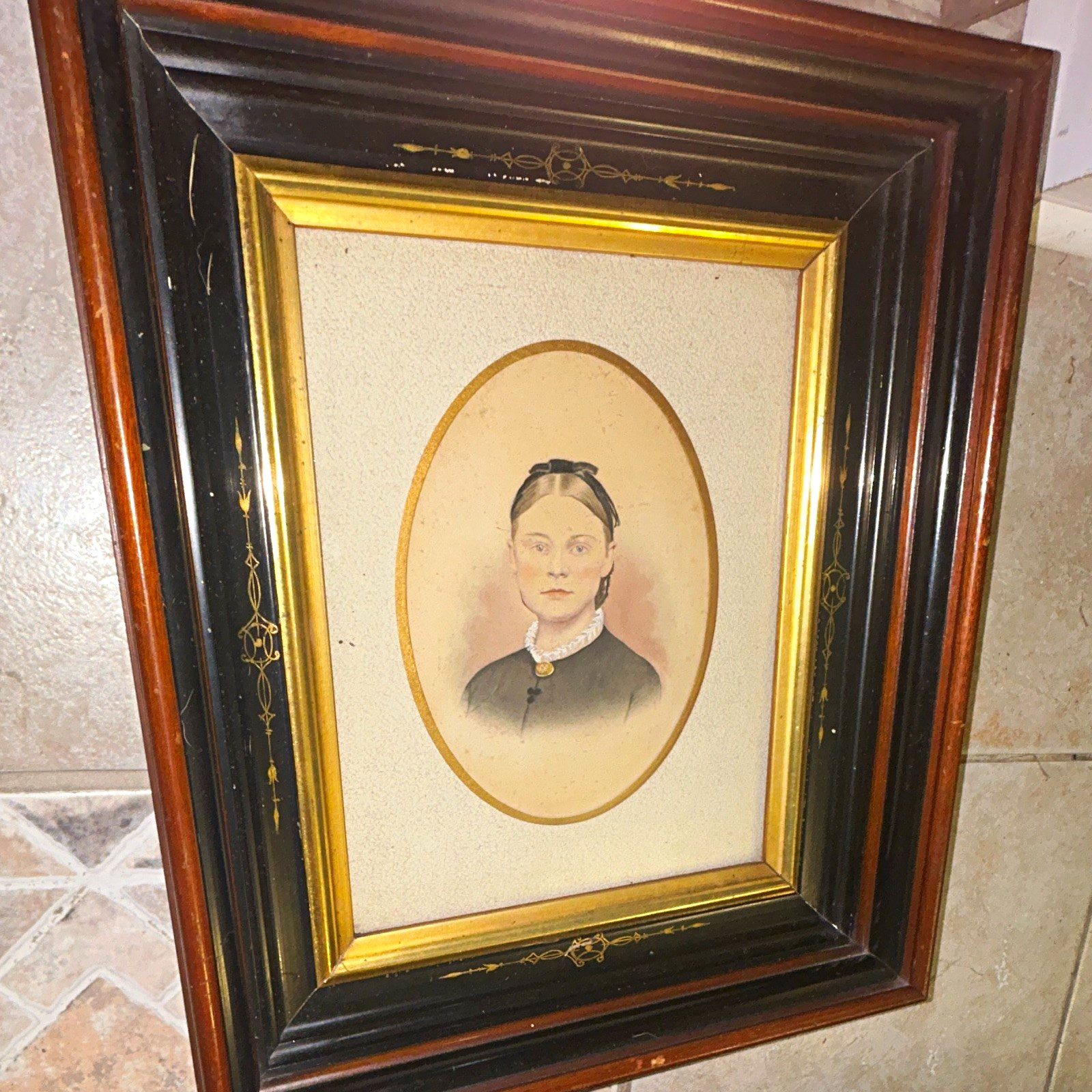 Framed Oval Sepia Portrait Photograph of Woman, Wood Frame w/ Gold-Tone Trim