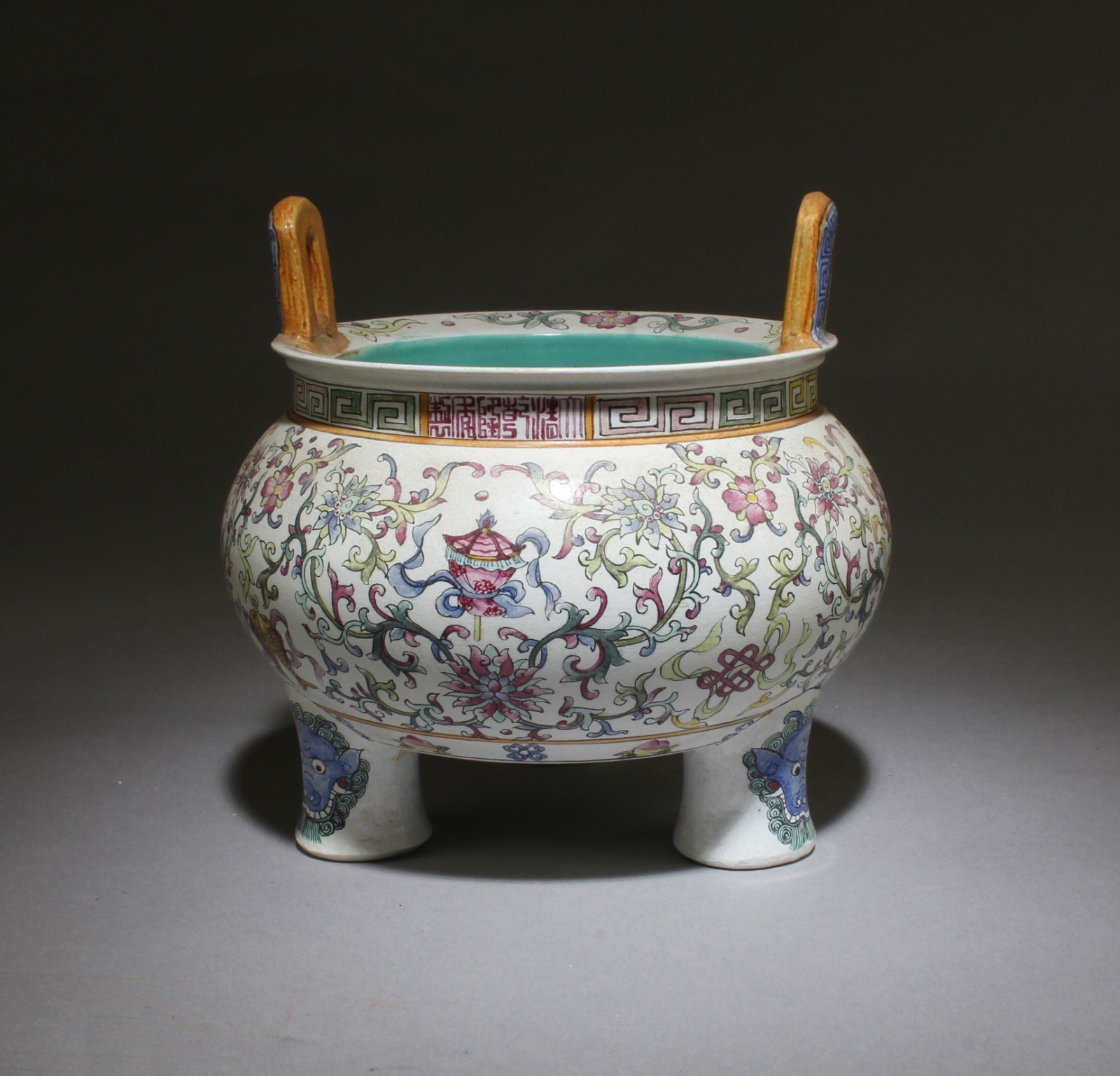 Chinese Porcelain Tripod Censer, flanked by twin handles