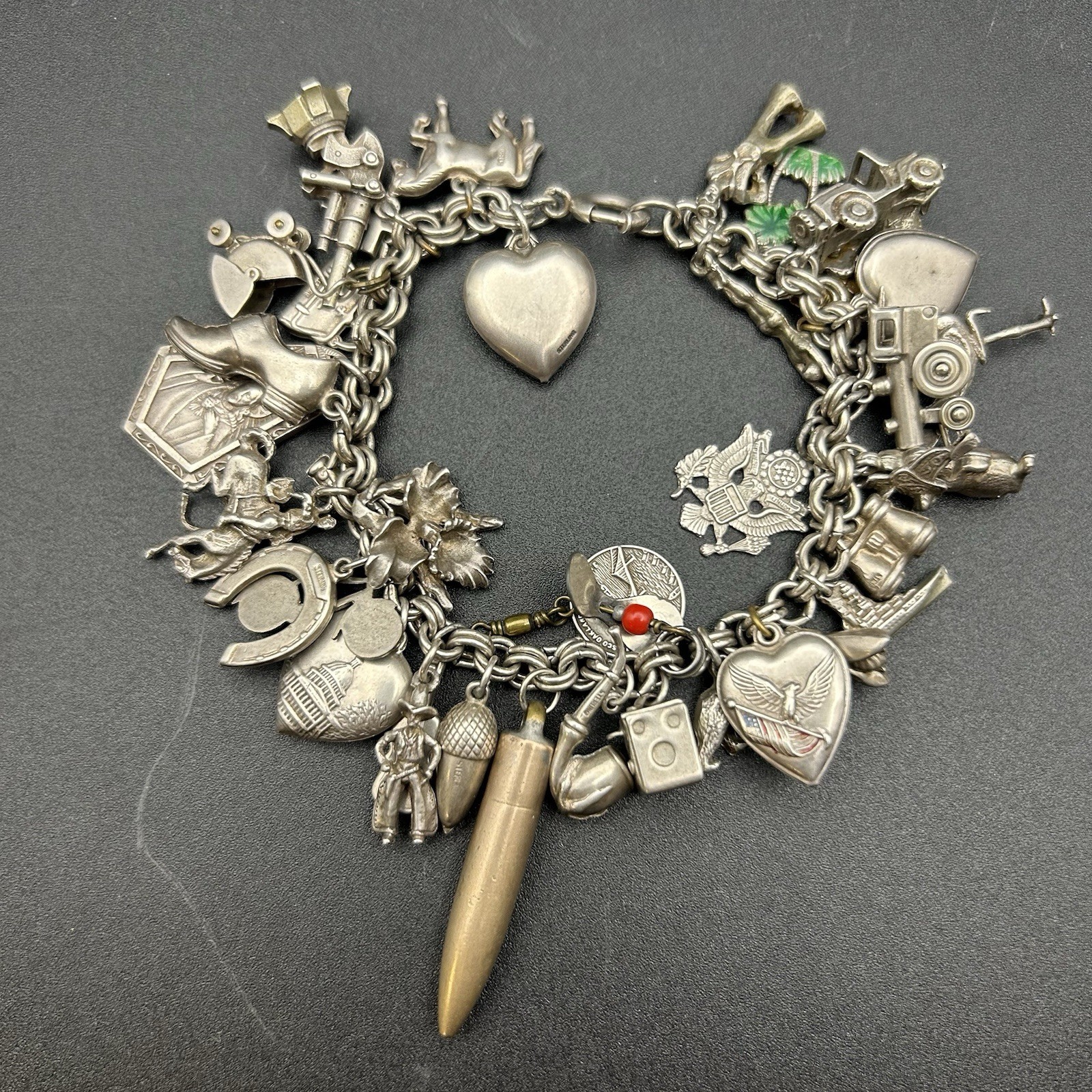 Vintage Sterling Silver Loaded Charm Bracelet – 38 Unique Charms, 73g, 6.75”