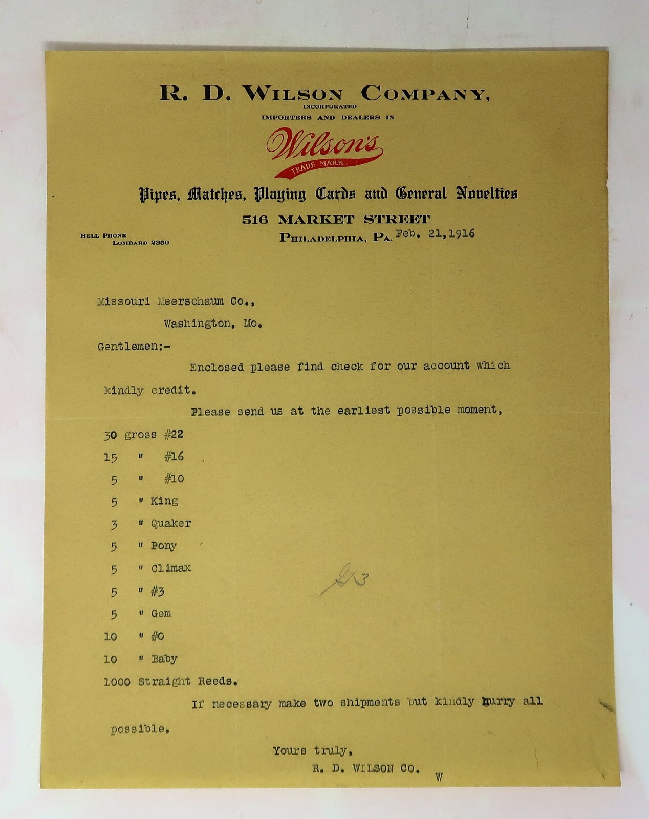 Vintage Ephemera 1916 Bill Head, R.D. Wilson Co. Pipes, Playing Cards, Novelties