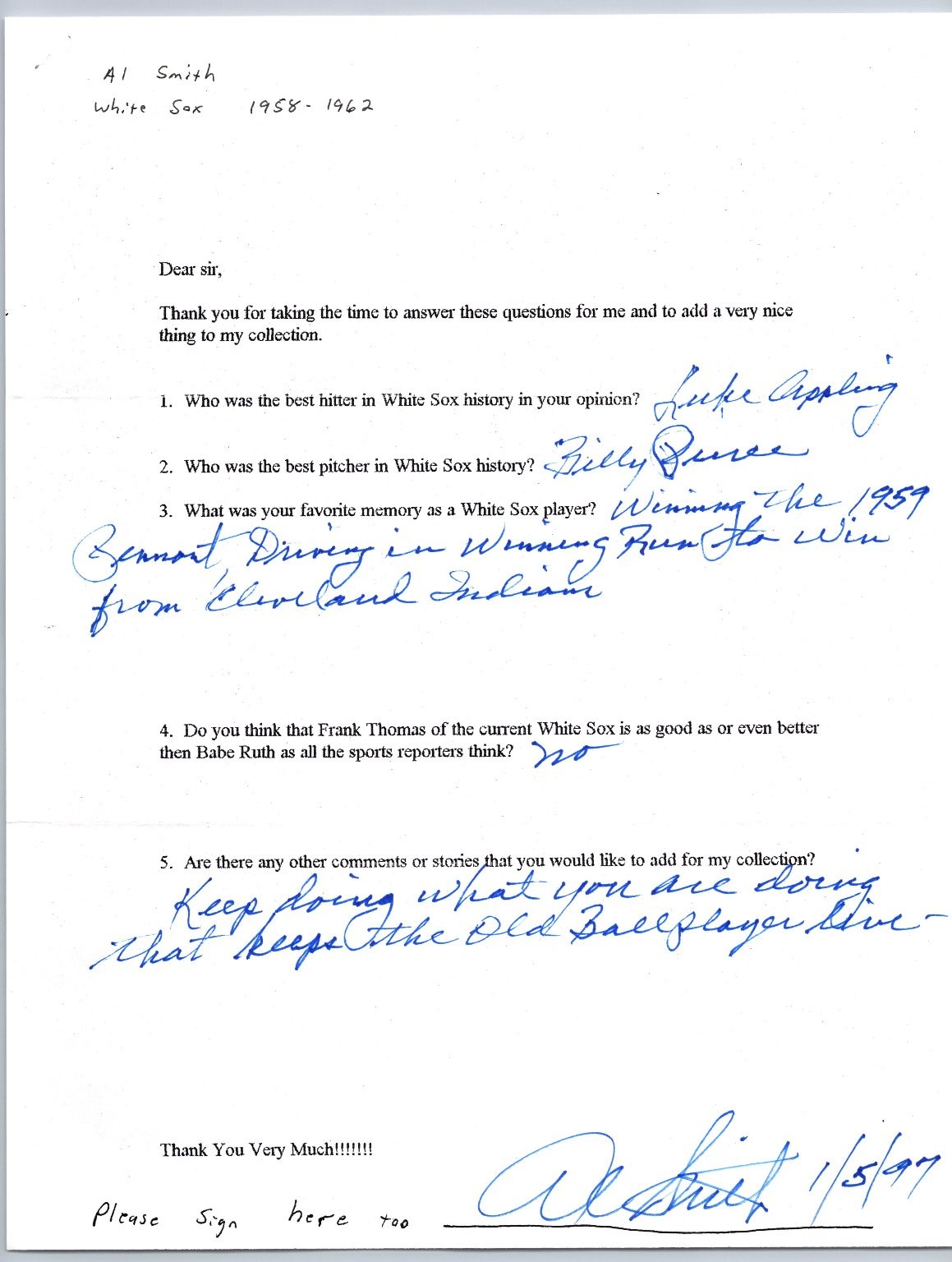 Al Smith Autographed Letter Chicago White Sox Baseball Legend Signature 1/5/97