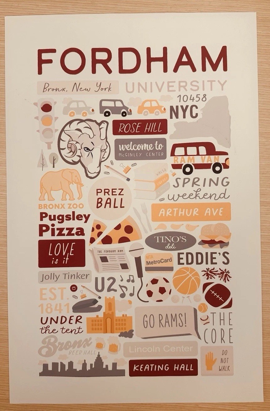 Fordham University 1841 Bronx New York 10458 NYC Lithograph Poster 11” x 17”