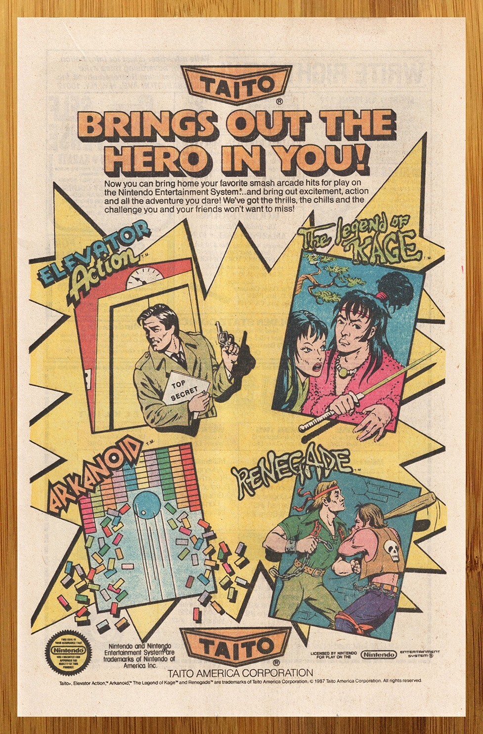 1987 Taito Games Nintendo NES Print Ad/Poster Elevator Action Arkanoid Renegade