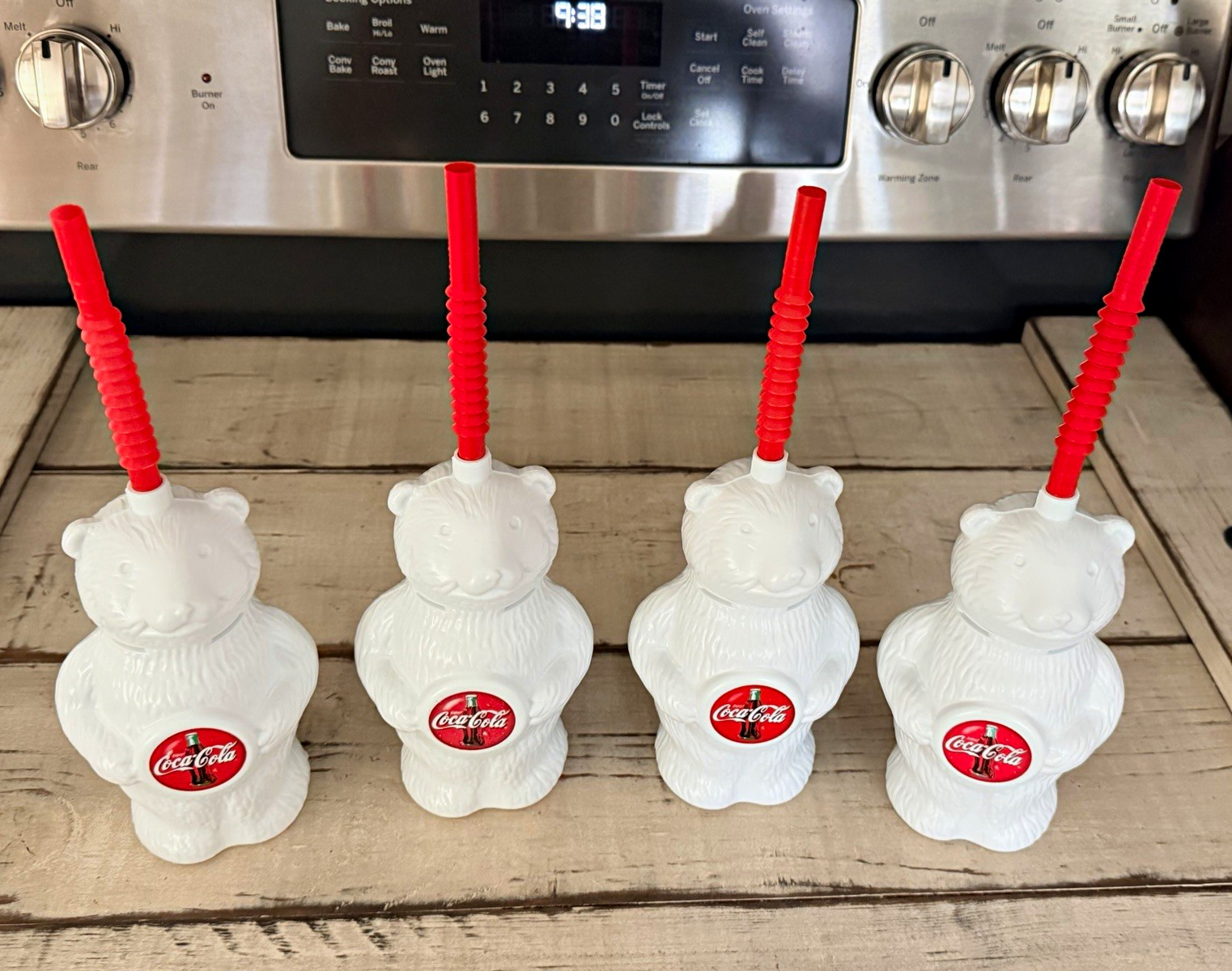 Coca-Cola Polar Bear Cup Tumblers Set of 4 White w/ Red Straws Soda Theme