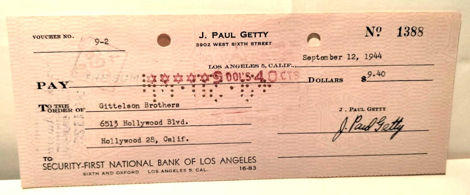 Billionaire Oil Tycoon J. Paul Getty Signed 1944 Check to Gittelson Bros.