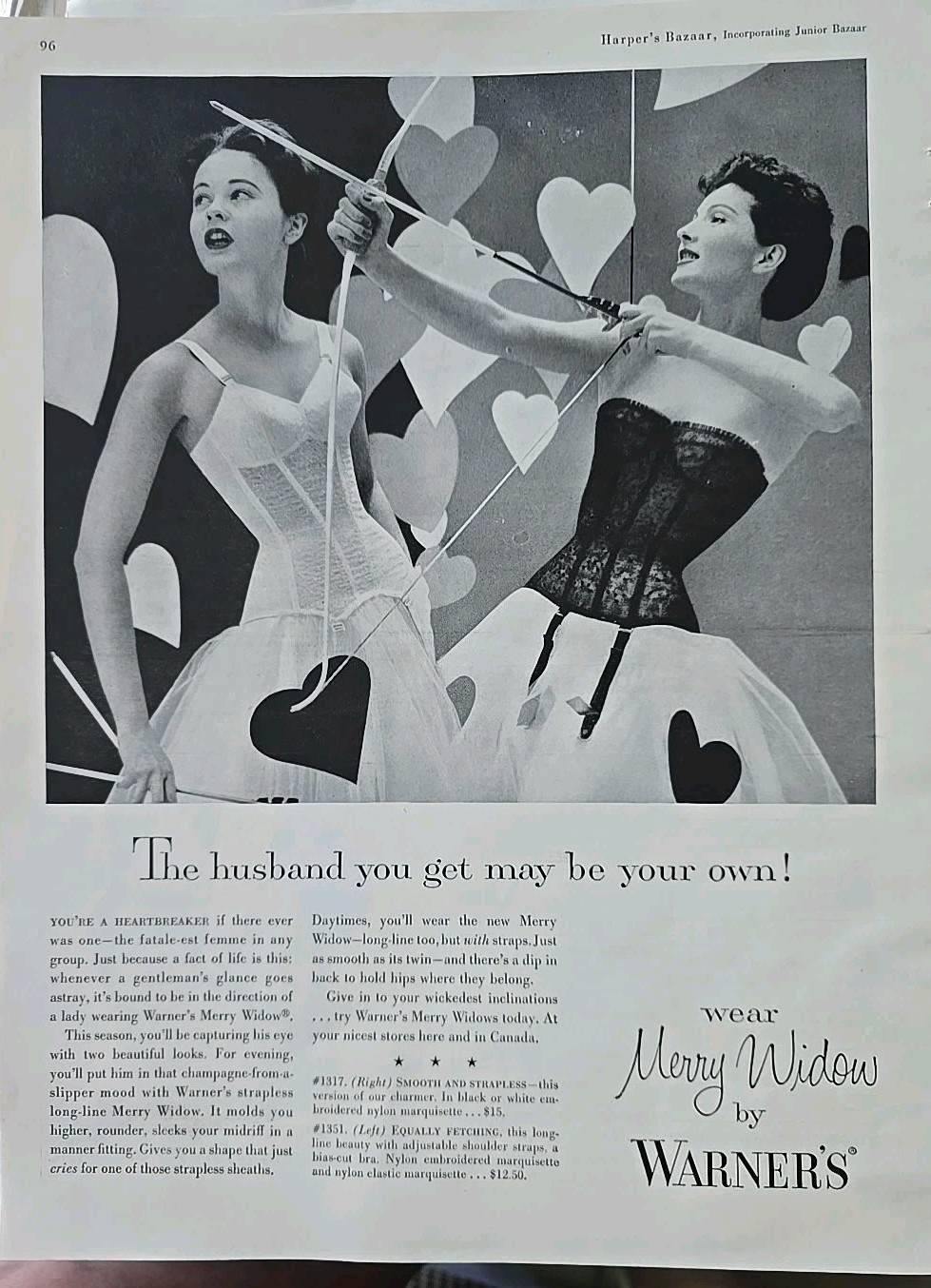1956 women's Warner's Merry Widow Black White Bras Bow Arrow vintage fashion ad