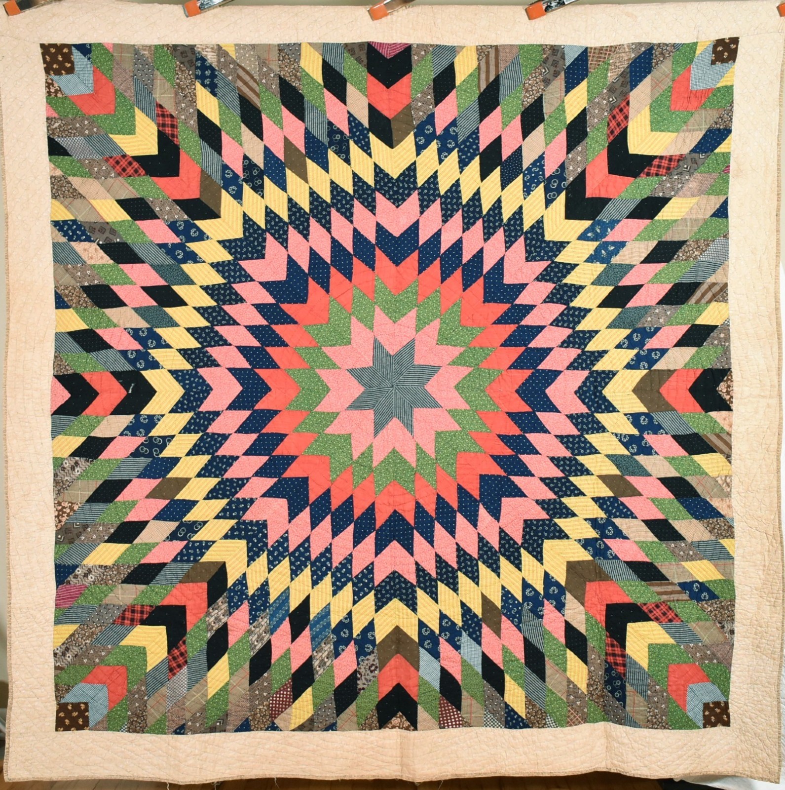 DAZZLING Vintage 1870\'s Star Burst Antique Quilt ~Great Design & Early Fabrics