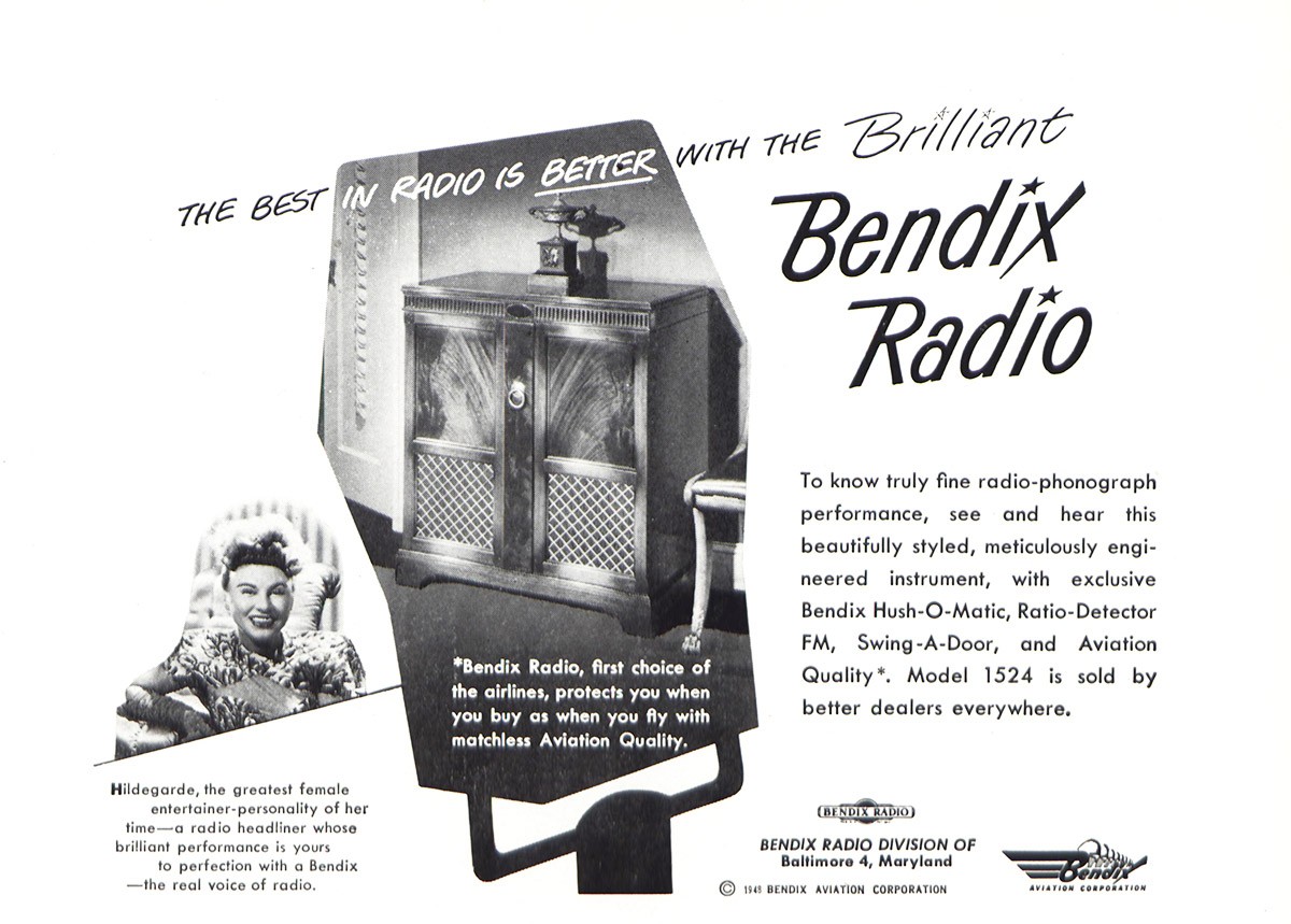 1948 Bendix Radio: Hildegarde Vintage Print Ad