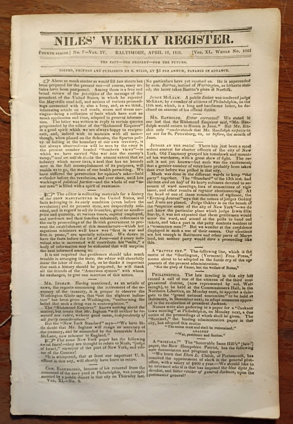 1831 Niles Weekly Newspaper - Andrew Jackson's ​Cabinet Crisis, Cherokee Nation
