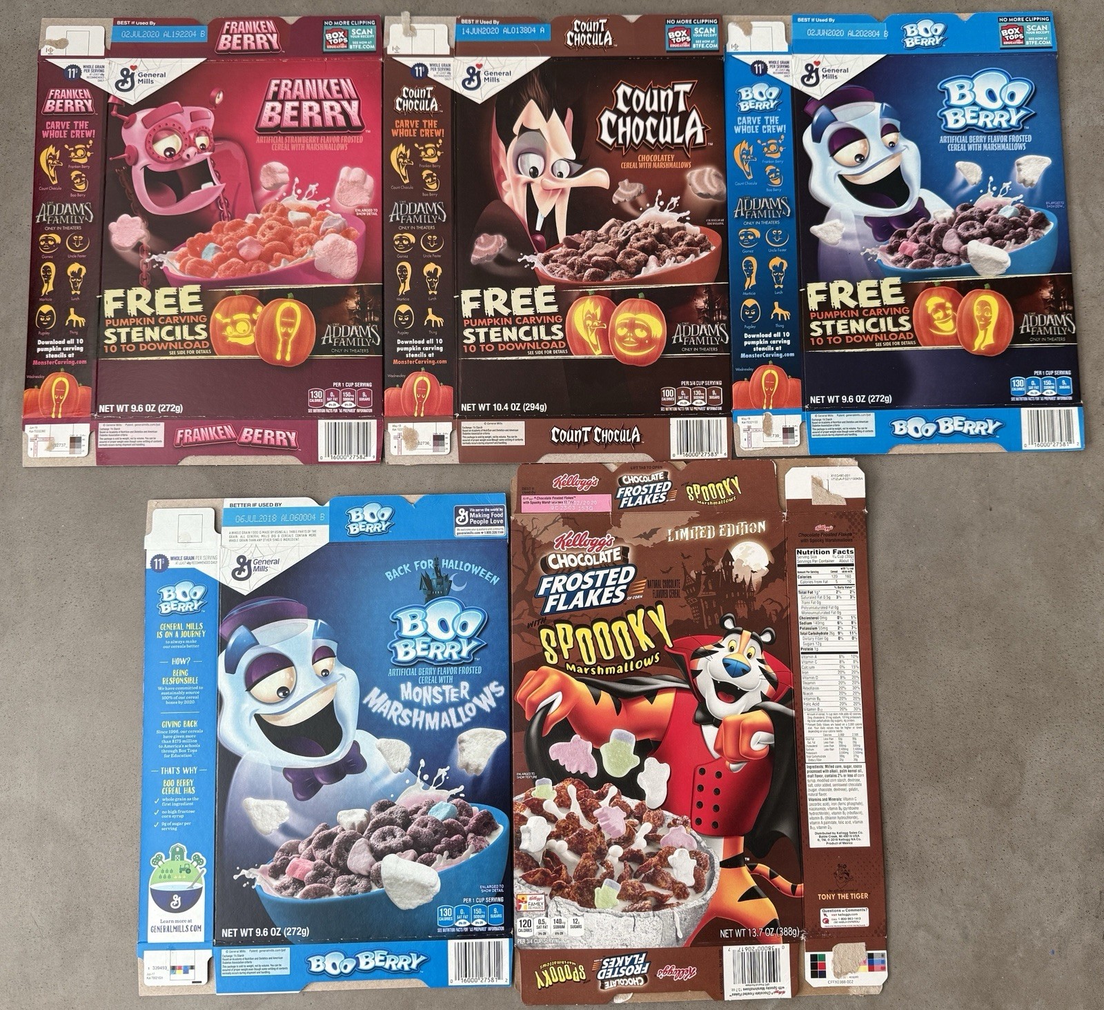 5 Monster / Halloween Cereal Boxes - Franken/Boo Berry, Chocula Tony The Tiger