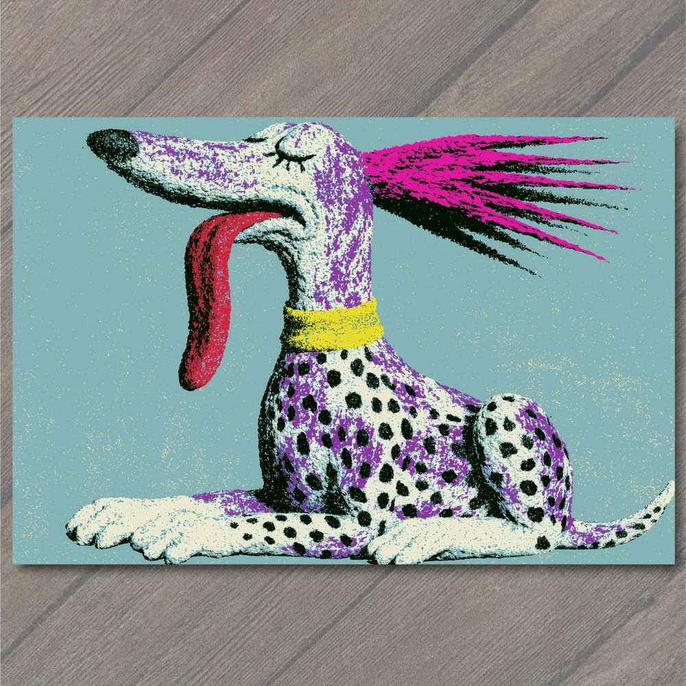 POSTCARD Spotted Dog Punk Hairstyle Yellow Collar Tongue Out Surreal Weird