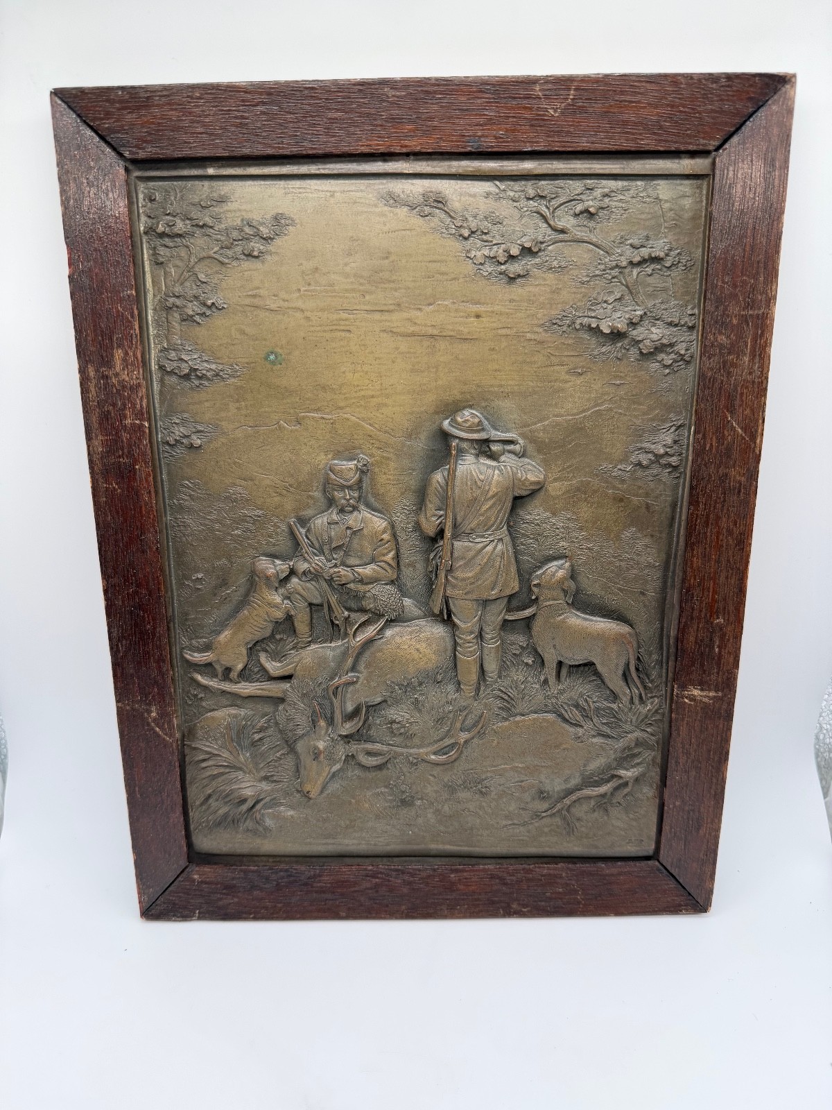 Antique Copper or Tin Framed Relief Plaque Hunting Scene 1 of 2