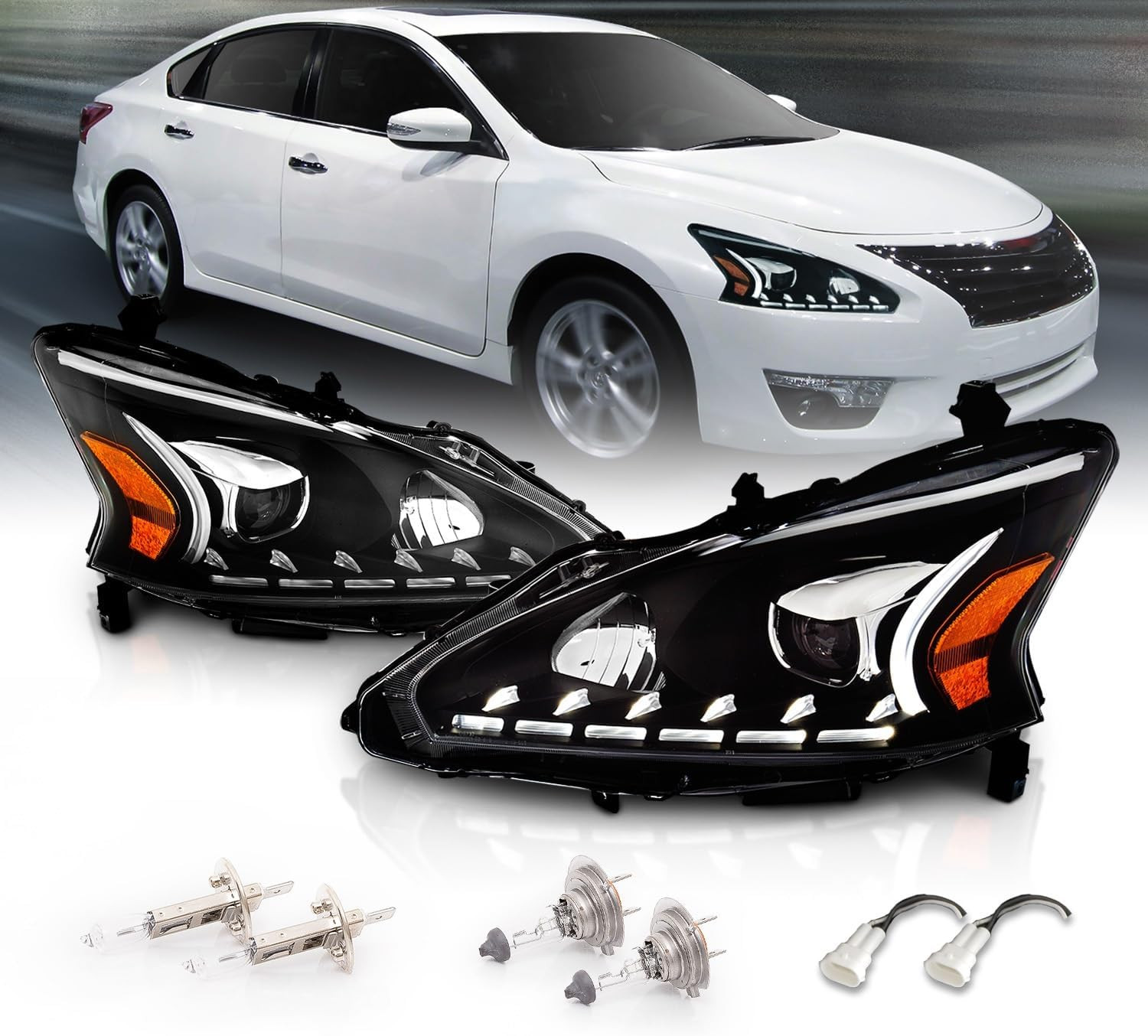 Projector Halogen Headlights LED Bar Style Set for 2013-2015 Nissan Altima 4 Doo