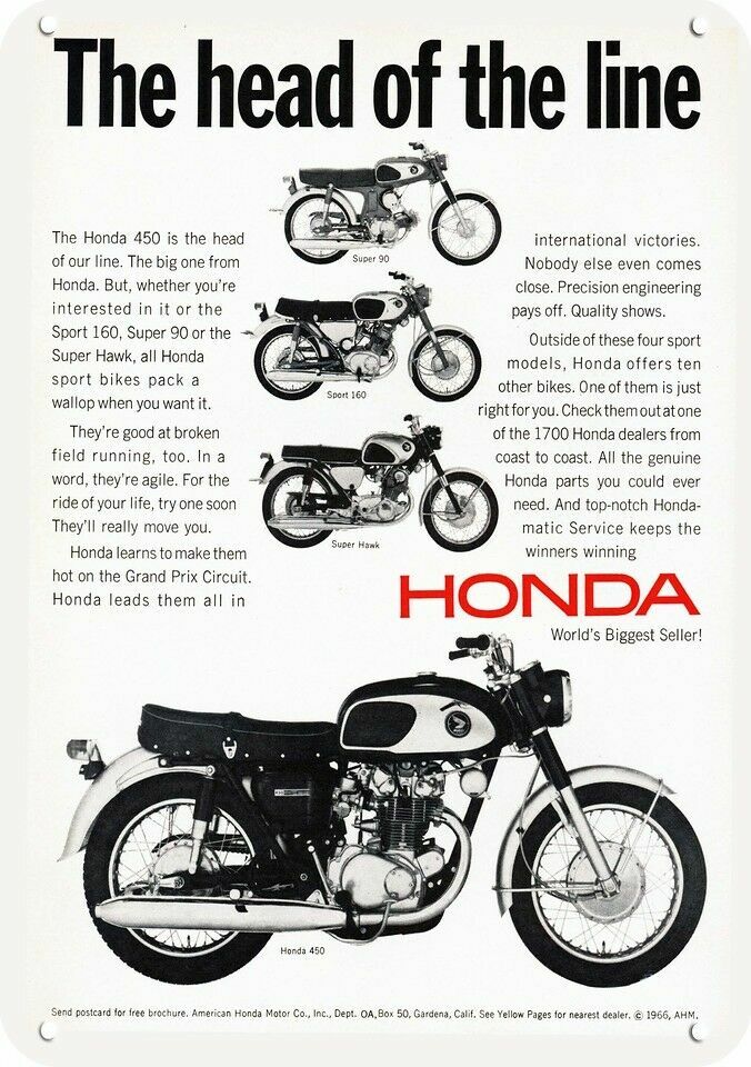 1966 HONDA 450 & Super Hawk & Sport 160 Motorcycle DECORATIVE REPLICA METAL SIGN