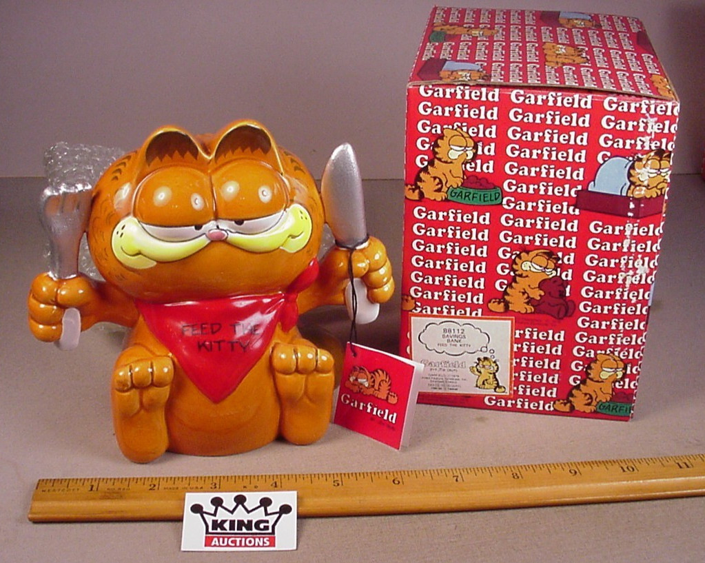Vintage 1981 Enesco Garfield Cartoon Cat Ceramic Bank Figurine MIB  Feed Kitty