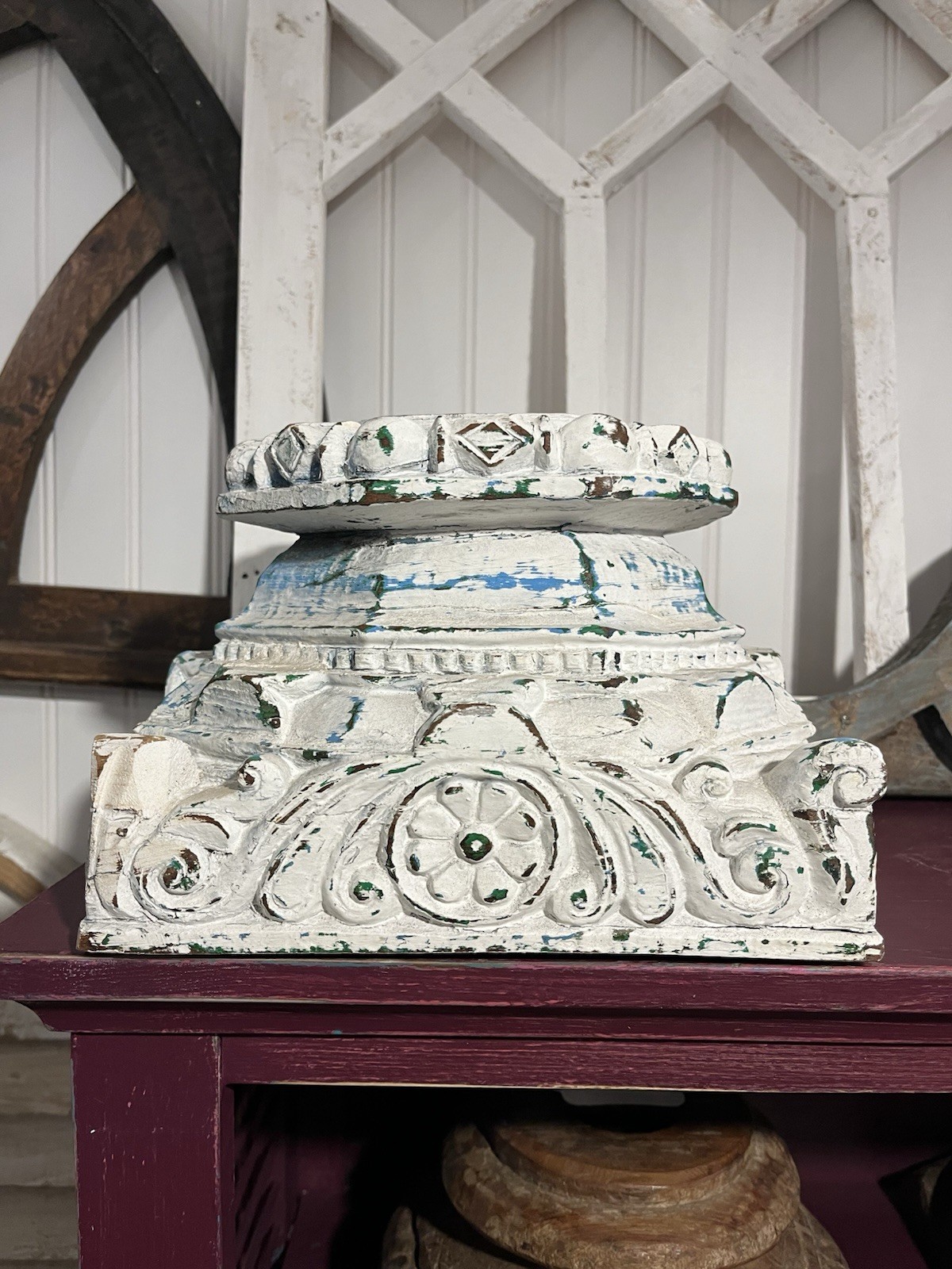 Antique White Column Capital or Base Made from Wood, painted Pre-1900s Authentic