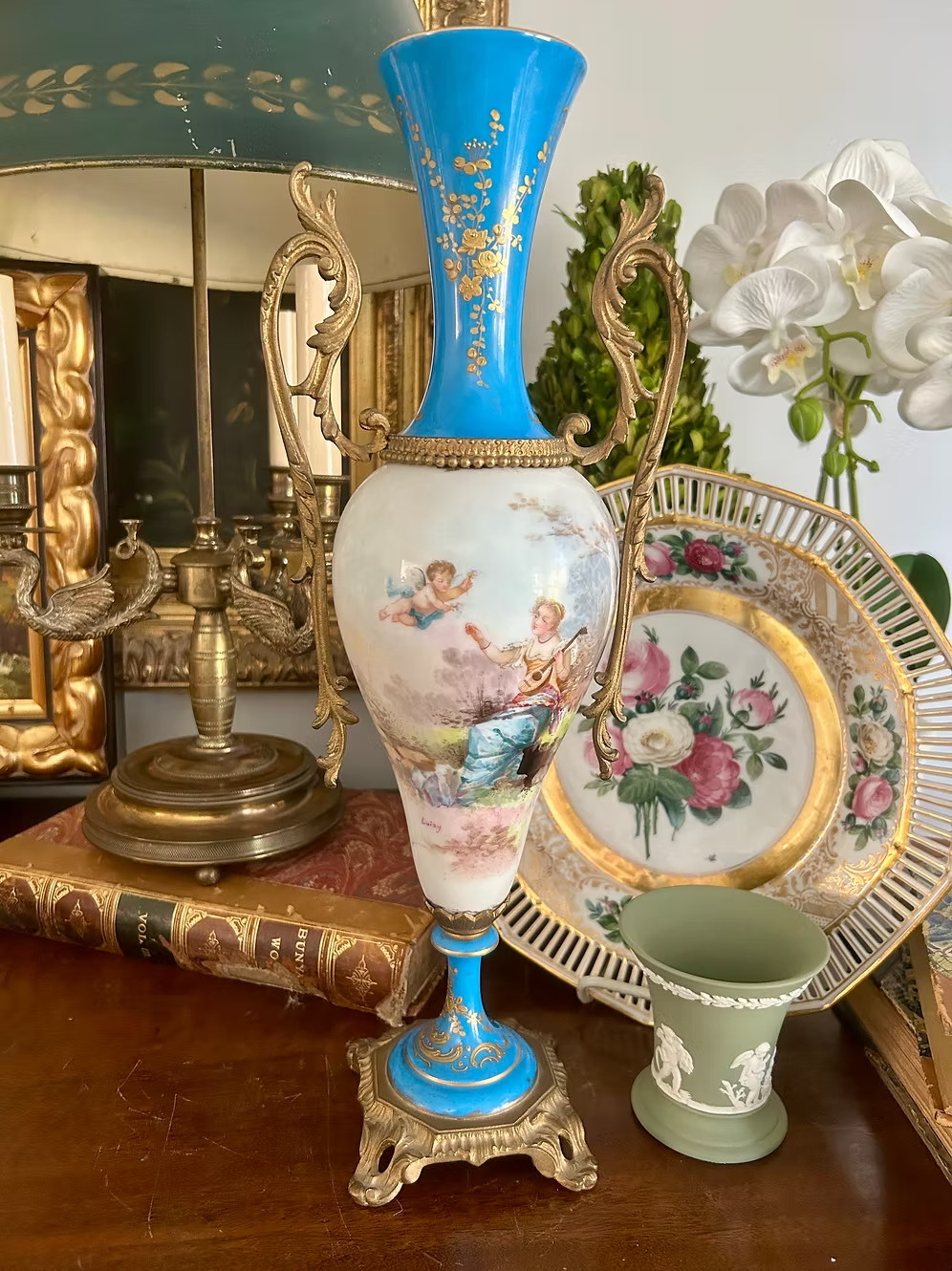 Antique Sevres Style Porcelain Vase w/ Gilt Metal Mounts