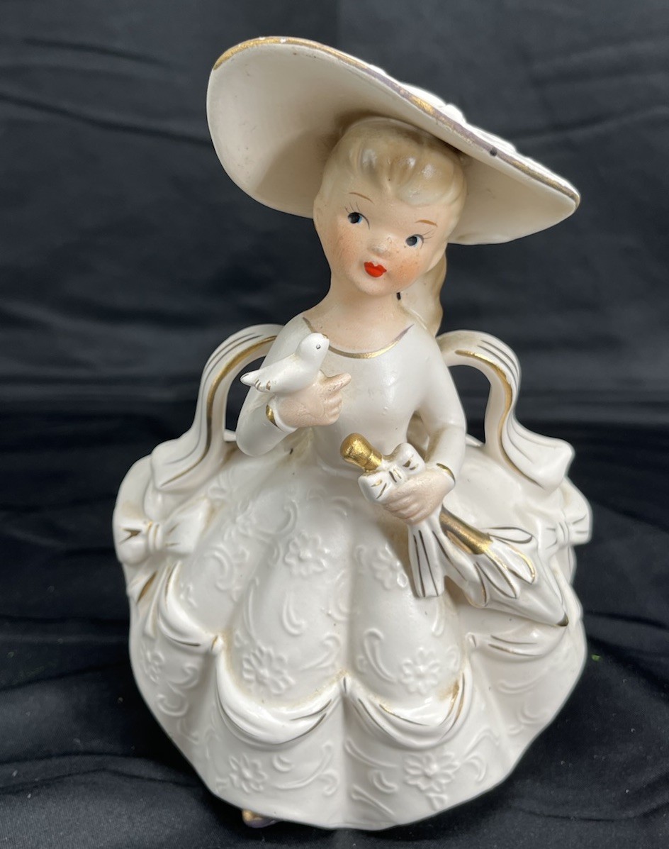 1960’s RUBENS Southern Belle Planter: Girl w/ Parasol & Dove BLONDE HAIR  47417