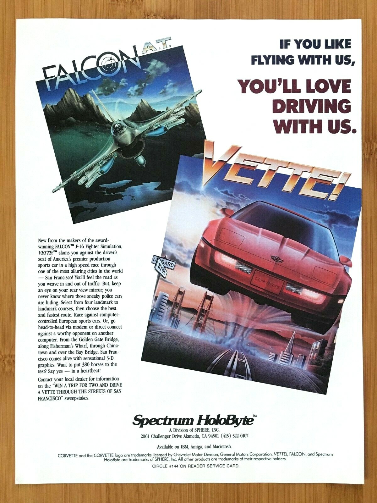 1989 VETTE / Falcon A.T. PC Games Print Ad/Poster 80s Corvette F-16 Fighter Art