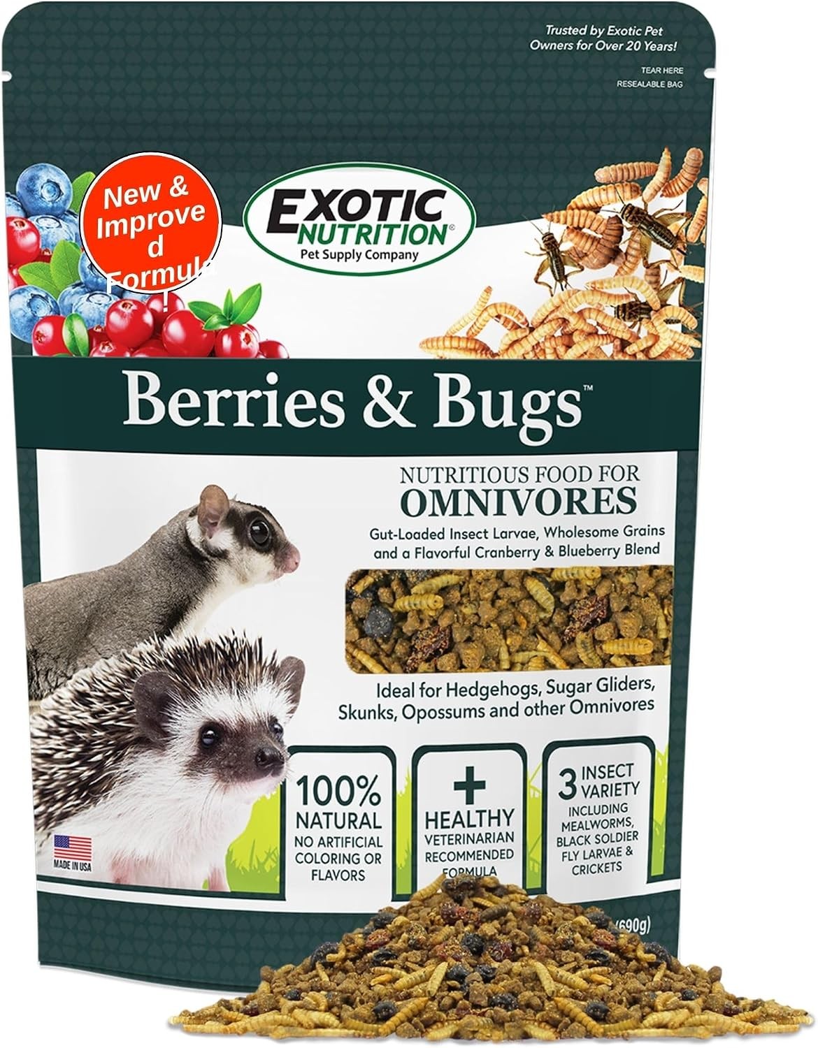 Berries & Bugs 1.5 lb - All Natural High Protein High Fiber Food for Hedgehogs,