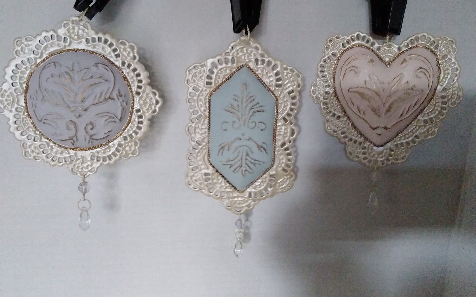 Vintage 2002 Metal & Ceramic 3 Christmas Ornaments Shabby Chic Romantic Pastel
