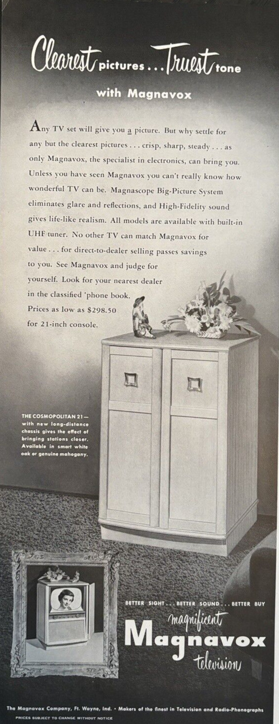1950s Magnavox Television Cosmopolitan 21 Better Sight FT Wayne Ind VTG Print Ad