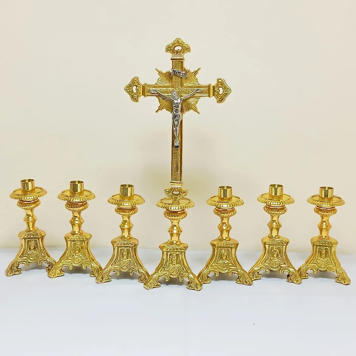 Catholic Altar Crucifix 6 Candlestick Set Gold Tone Church Religious Decor
