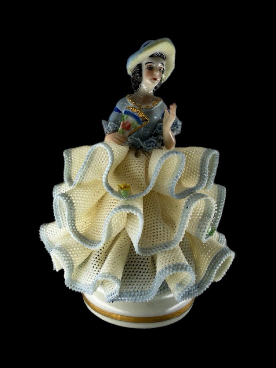HTF Vintage Irish Dresden Lydia 1978 Porcelain Lace Figurine Blue Ivory Lady Fan