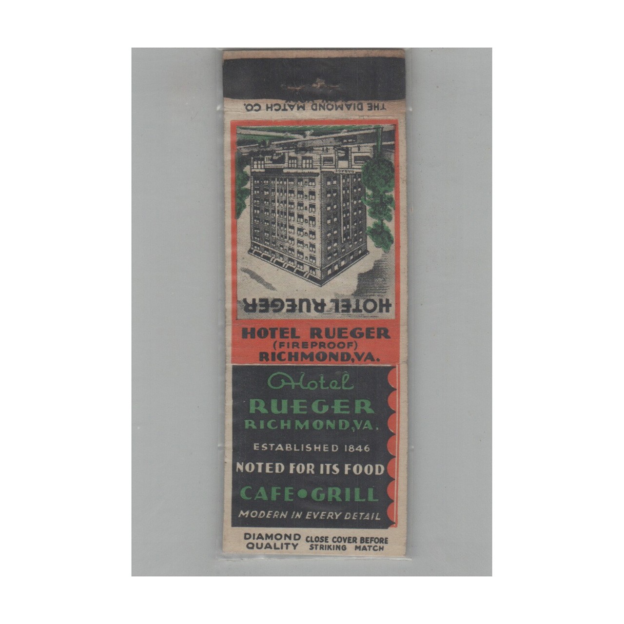 1920s-1930s Diamond Quality Matchbook Cover Hotel Rueger Richmond VA