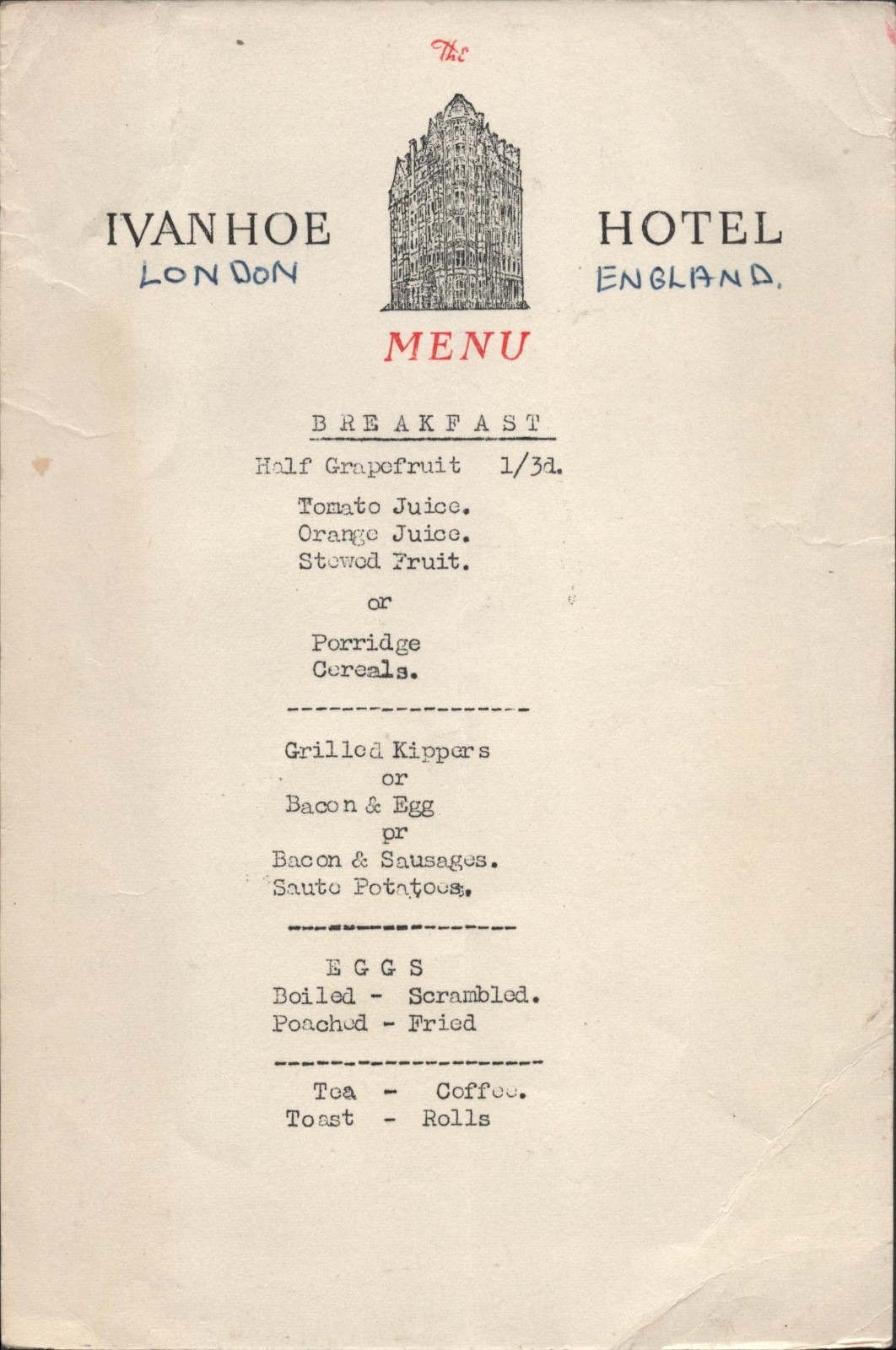 1965 THE IVANHOE HOTEL vintage English breakfast menu LONDON, ENGLAND, U.K.