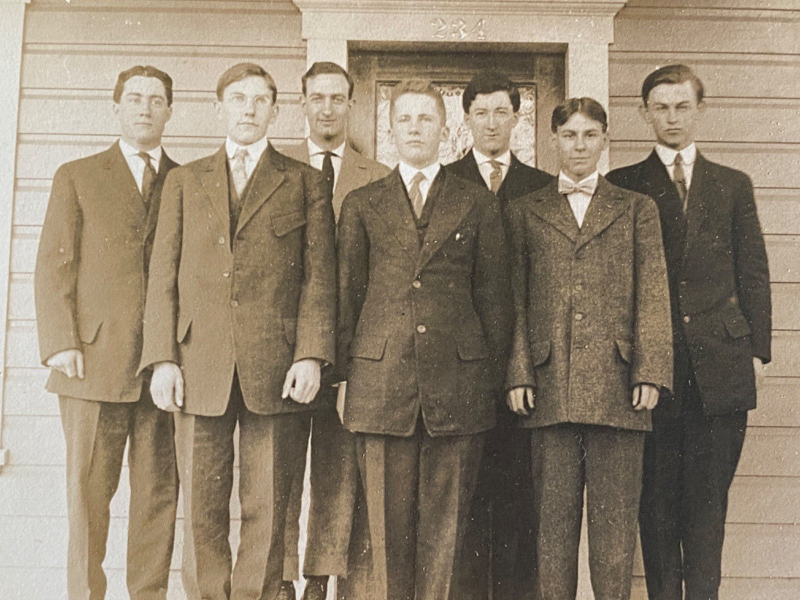 1910s RPPC - SEVEN YOUNG MEN antique real photograph postcard COLLEGE STUDENTS?